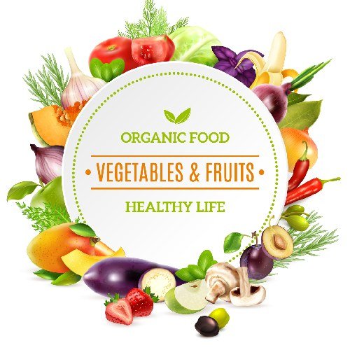 Natural Organic Food Background Natural organic food background with colorful bright frame contained fresh vegetables and fruits set pictured in realistic style vector illustration